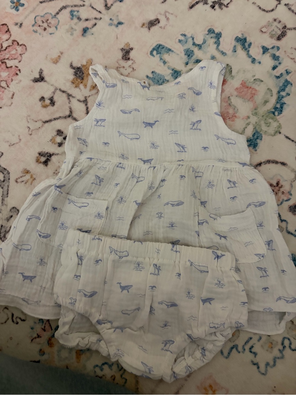 White & Light Blue Whale Print Dress with Matching Diaper Cover